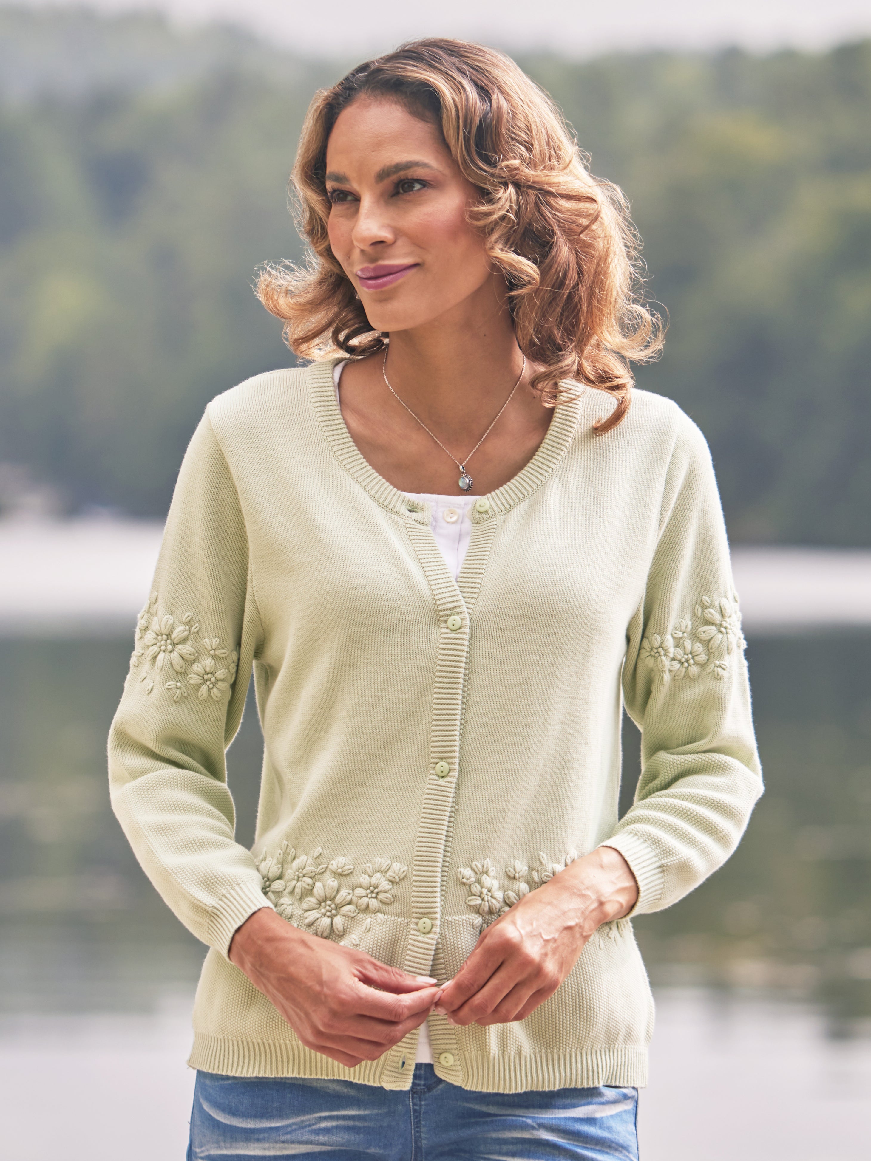 April Cornell Mint Meadow Flower Cardigan
