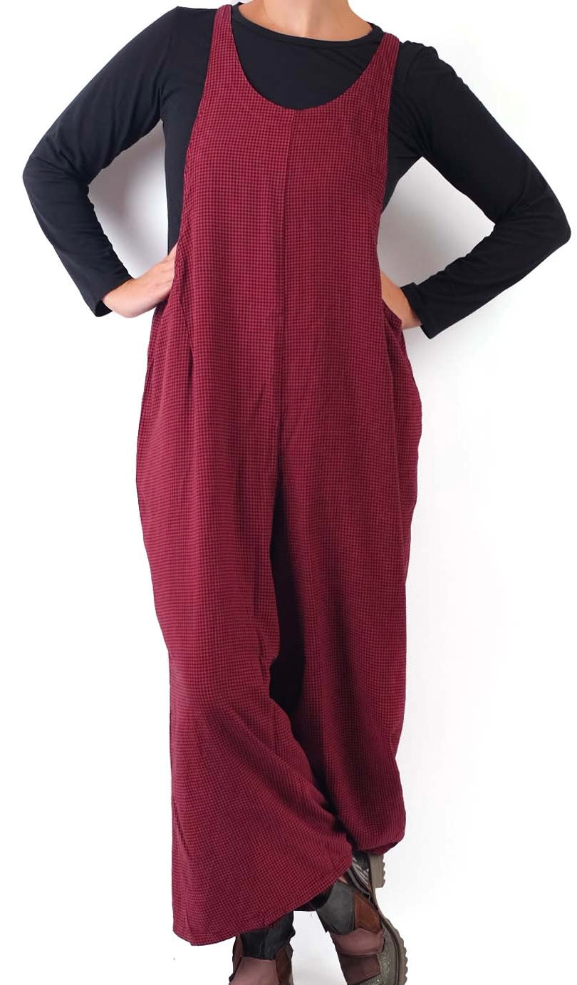 Cut Loose Mini Check Wide Leg Overalls Fall 2024- Red/Black Check