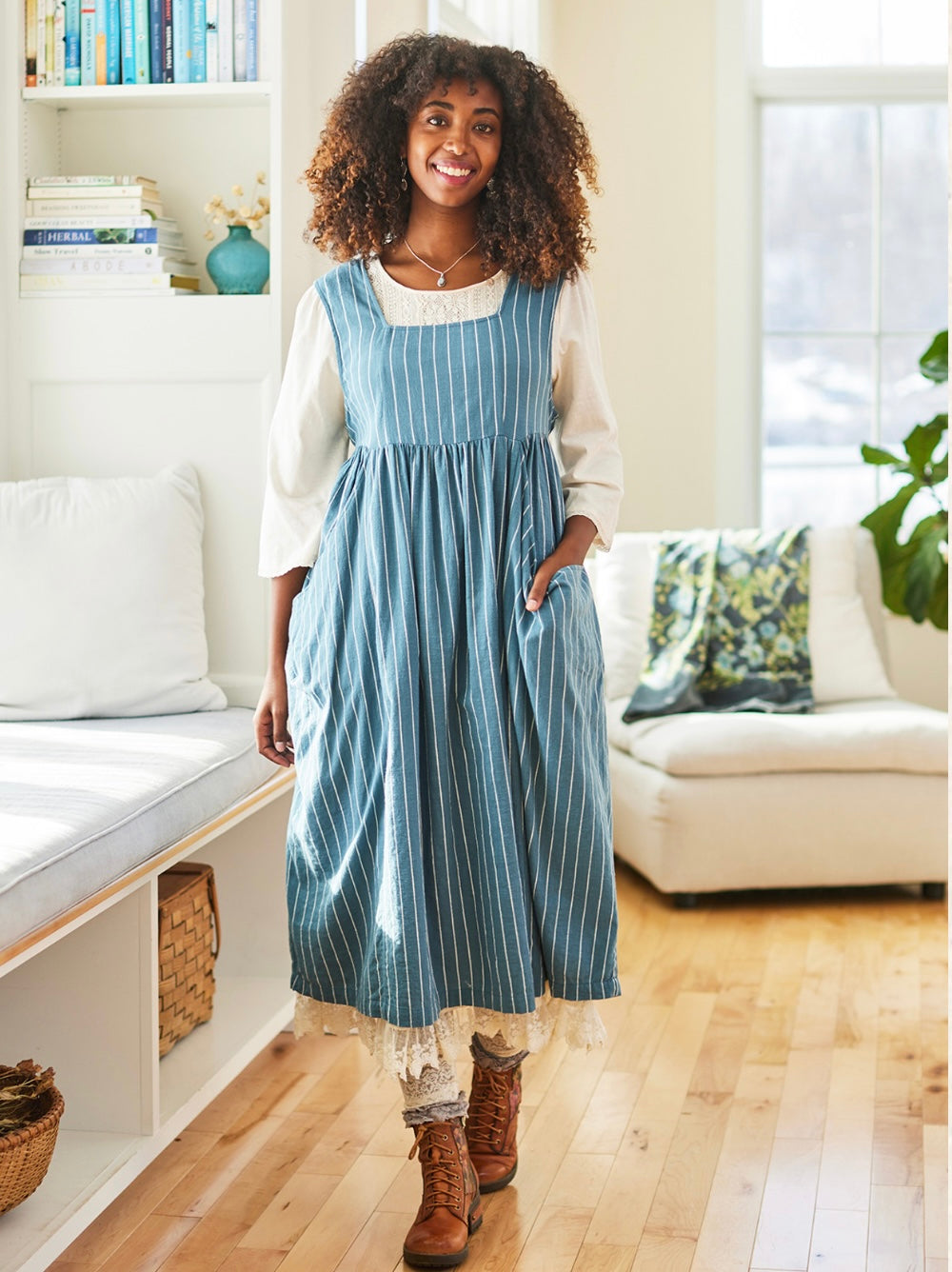 April Cornell Mist Stripe Pinafore Dress Smoke Blue – Eveline