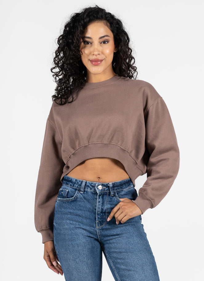 C’est Moi Bamboo-Recycled Poly Cotton Fleece Crop Crew-Taupe