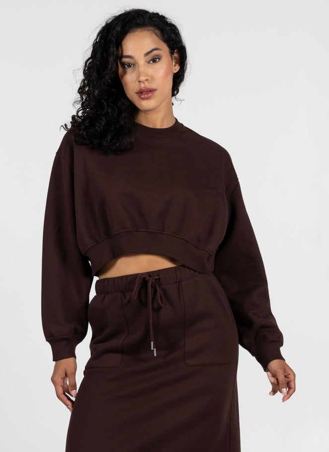 C’est Moi Bamboo-Recycled Poly Cotton Fleece Crop Crew-Brown