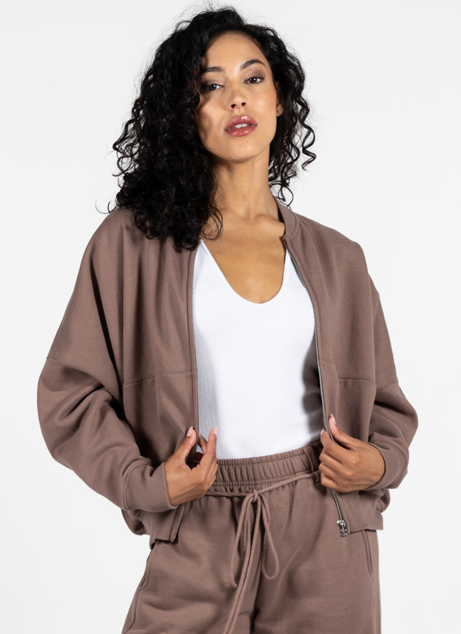 C’est Moi Bamboo-Recycled Poly Cotton Fleece Zip Jacket-Taupe