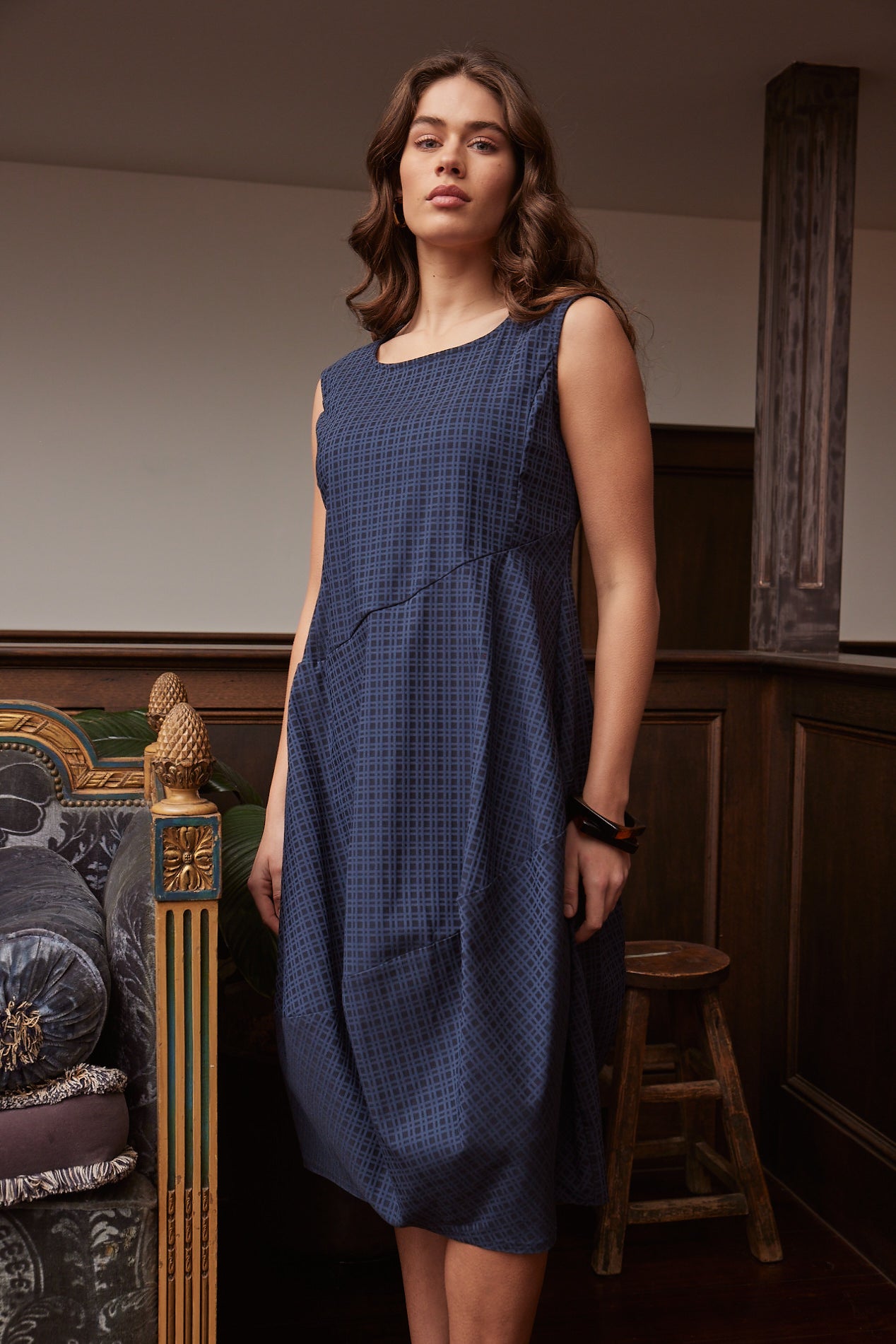 Valia Queens Gambit Dress Navy Check