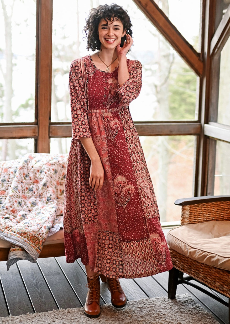 April Cornell Moonbeam Patchwork Dress XS-Plus Size- Pomegranate