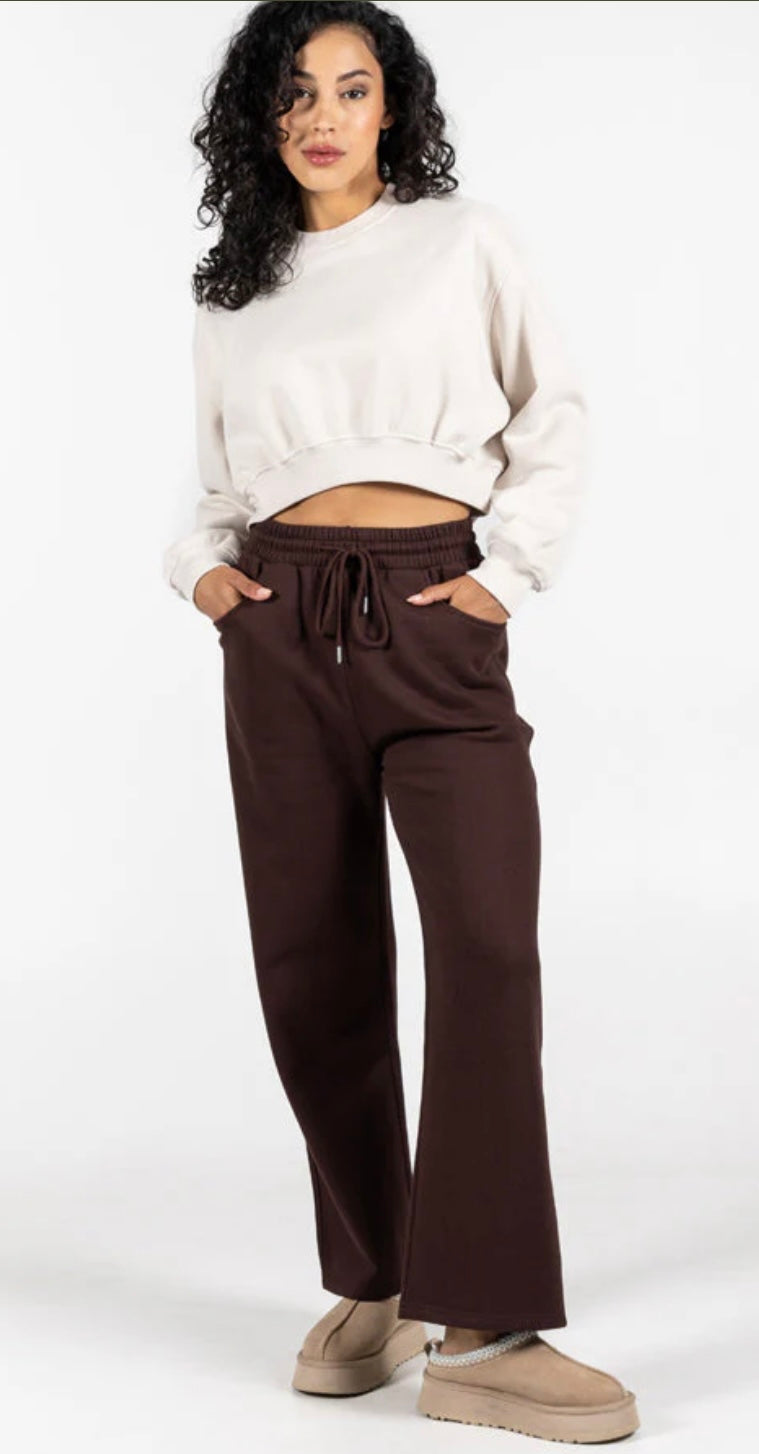 C’est Moi Bamboo-Recycled Poly Cotton Fleece Front Pocket Wide Leg Pant-Brown