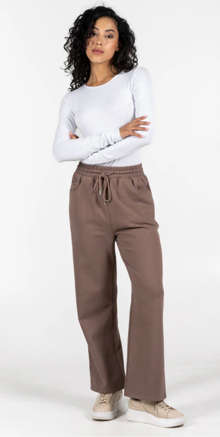 C’est Moi Bamboo-Recycled Poly Cotton Fleece Front Pocket Wide Leg Pant-Taupe