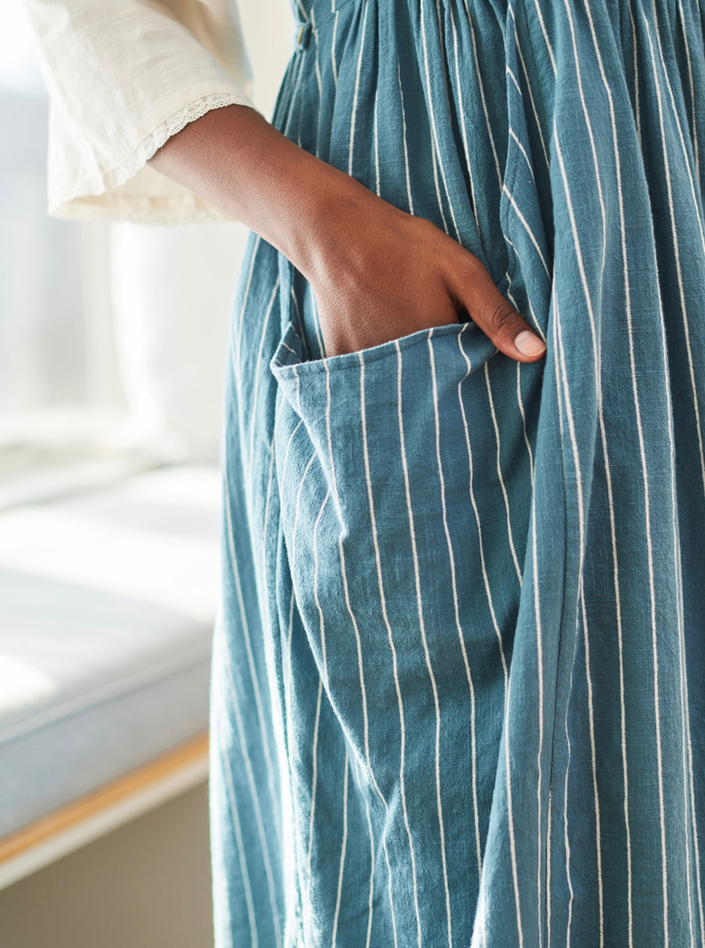 April Cornell Mist Stripe Pinafore Dress Smoke Blue