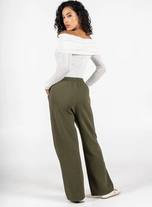 C’est Moi Bamboo-Recycled Poly Cotton Fleece Front Pocket Wide Leg Pant-Olive