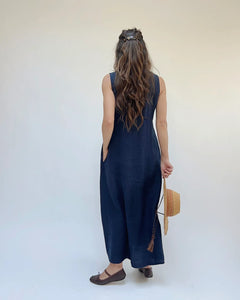 Cut Loose V Neck Linen Maxi Navy